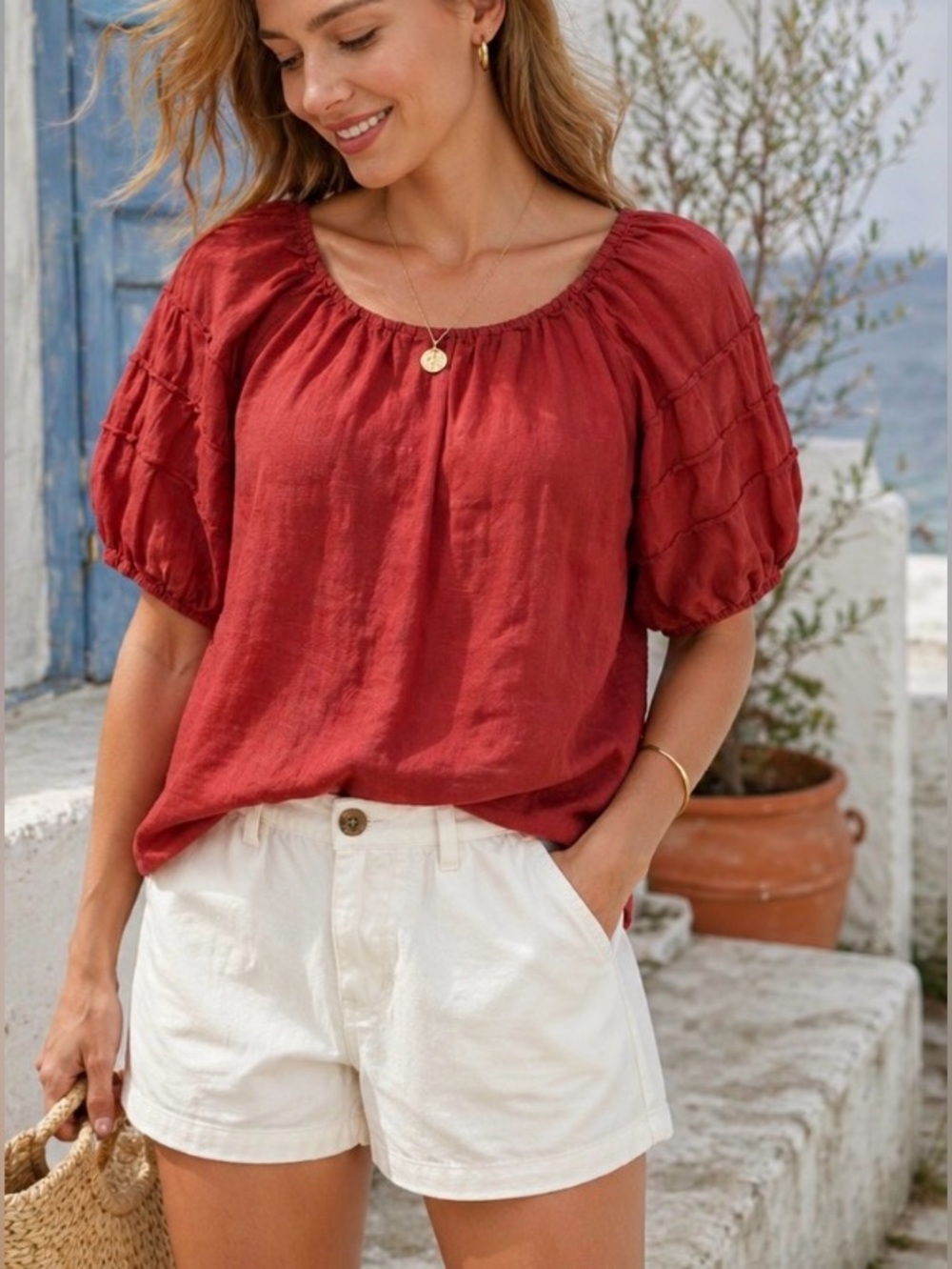 J. Crew Puff Sleeve Textured Cotton Peasant  rust red Top XL